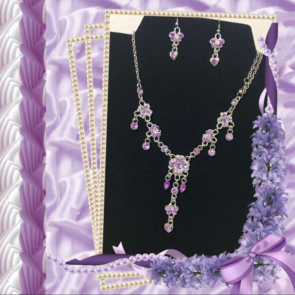 🛍 AMATHYST FLOWERs & BUTTERFLES AUSTRIAN CRYSTALS NECKLACE & EARRINGS SET. NEW